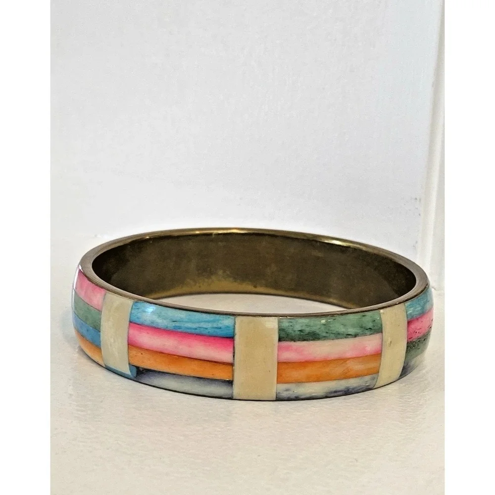 Vtg Colorful Mosaic Inlay 8 Inch Brass Bangle Bracelet 1970's Dyed Bovine Bone